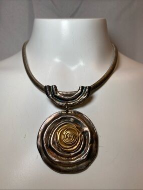 Vintage 90s Artisan Pendant Necklace Gold & Oxidized Silver, Signed Norma Jean